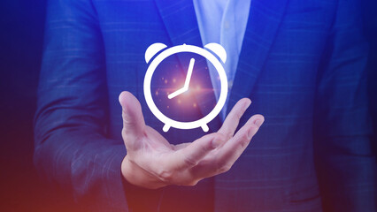 Businessman holding clock digital interface with icon, Business time management, Business time...