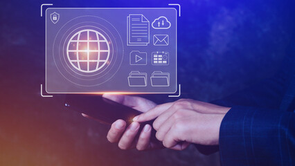 Businessman holding Global network connection, Big data analytics and business intelligence concept, World map point and line composition concept of global business, Digital link tech