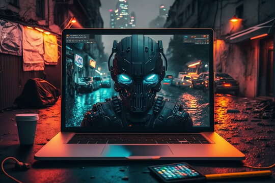 robot working in the  laptop Screen in a Rainy Day - Generative AI