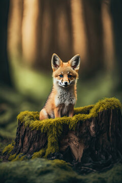 ai generated illustration of a small young fox on a tree stump in the forest
