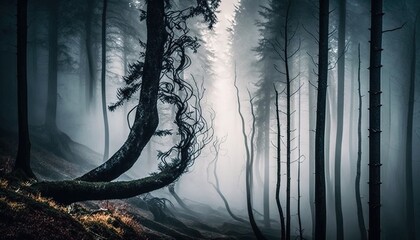  a dark forest filled with lots of trees and a light shining through the foggy trees in the distance is a tree trunk that has fallen down.  generative ai