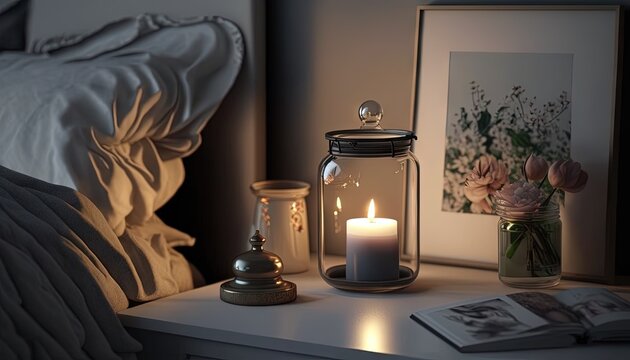 a lit candle sits on a table next to a picture and a picture frame on a bed with a picture of a flower in a glass jar.  generative ai