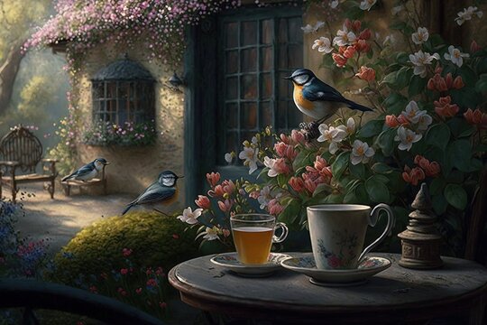  a painting of a bird sitting on a table next to a cup of tea and a bird on a chair in front of a house.  generative ai