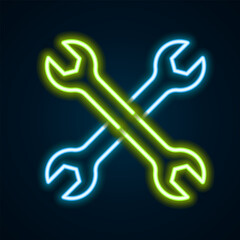 Glowing neon line Wrench spanner icon isolated on black background. Spanner repair tool. Service tool symbol. Colorful outline concept. Vector