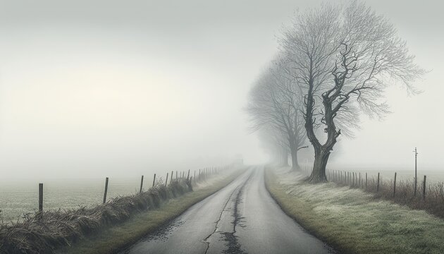 a foggy country road with a lone tree on the side of the road in the middle of the road is a fence and a row of trees.  generative ai