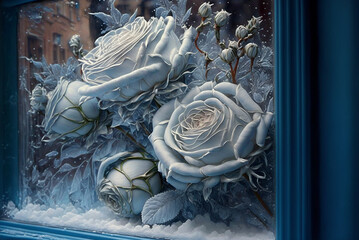 fantasy rose with many green leaves on its branches many crystal clear broken ice white roses blue crystal dew on the roses background,generative ai.