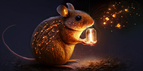 Obraz premium A small, brown mouse holds a glowing jar that illuminates its surroundings with a warm, magical light. Sparkles and embers appear to float around the mouse, enhancing the enchanting atmosphere.AI