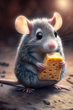 Mouse and cheese. Illustration of the mouse eating the cheese. AI generated image.