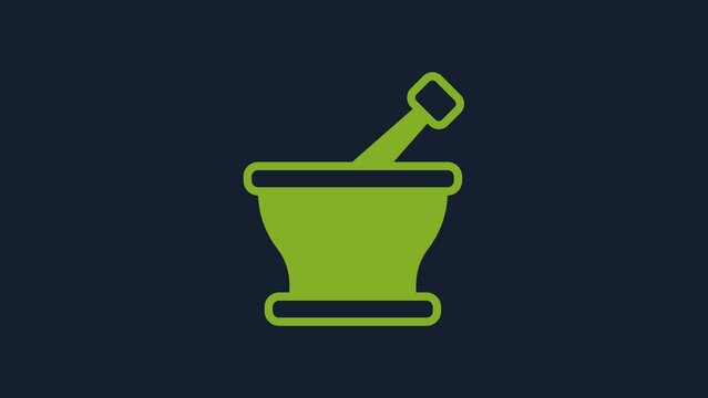 Yellow Mortar and pestle icon isolated on blue background. 4K Video motion graphic animation