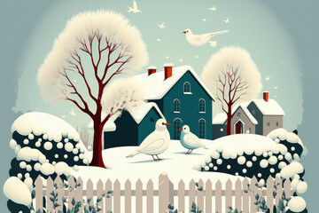 Banner showing a wintertime garden scene. Snow covered trees, shrubs, and yard. House backyard in winter with snowman, fence, and birds. countryside setting Flat style artwork. Generative AI