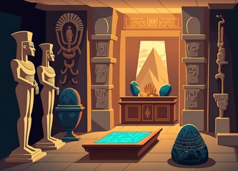 illustrative cartoon, ancient egypt pharaoh tomb, generative ai
