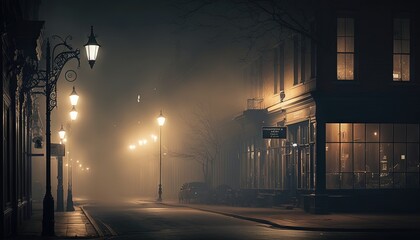  a foggy street at night with street lamps and street signs on the side of the street and buildings on the other side of the street.  generative ai