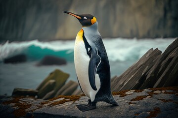 Fototapeta premium a penguin standing on a rock next to a body of water with a cliff in the background and a body of water in the foreground. generative ai