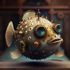 steampunk baby puffer fish, hyper detailed, 8k