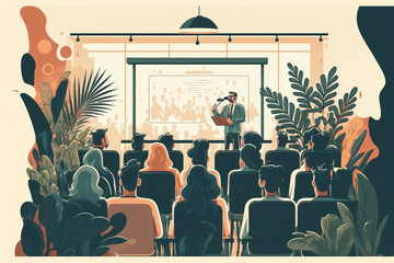 Concept of business and entrepreneurship. At a corporate event, a speaker is giving a talk in the conference room. attendees in the conference room. Pay attention to unfamiliar people. Generative AI