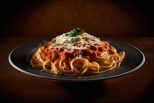  a plate of spaghetti with sauce and parmesan cheese on top on a wooden table with a black and white plate holding a green leaf.  generative ai