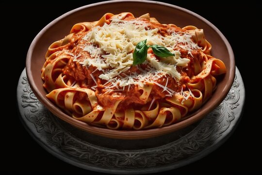  a plate of pasta with sauce and parmesan cheese on a black tablecloth with a silver plate holding a fork and a knife.  generative ai