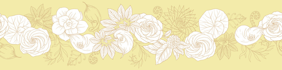 Flowers and leaves, golden ratio in nature. Seamless border pattern with vector hand drawn illustration
