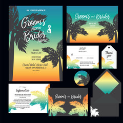 Set of templates for wedding invitation, postcard, information list, respond, reply and design for envelope with tropic sunset