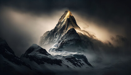 Fototapeta na wymiar a mountain peak with a light coming out of it's top in the middle of a cloudy sky, with a light shining on top of the mountain. generative ai