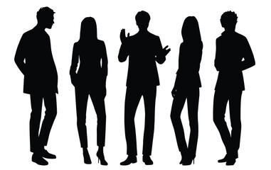 Vector silhouettes of  men and a women, a group of standing  business people, black color isolated on white background