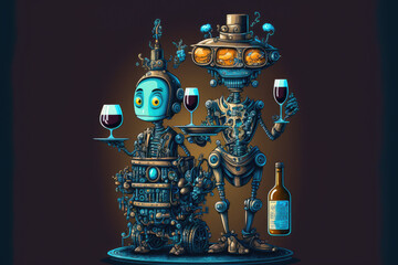 Robotic bar service. Toy robot bartender tray wine bottle and glasses. Small cyborg with waiter trolley. Two steampunk guests are drinking cocktails. Blue background. Generative AI