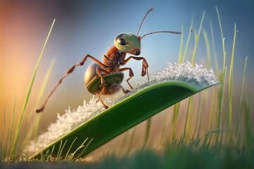  a close up of a bug on top of a green leaf with a blurry background of grass and a blue sky in the background.  generative ai