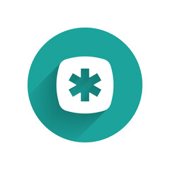 White Medical symbol of the Emergency - Star of Life icon isolated with long shadow background. Green circle button. Vector