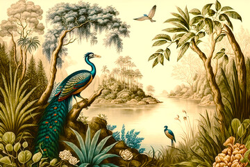 Peacock tropical landscape illustration background - obrazy, fototapety, plakaty