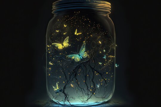 Mason Jar with Fireflies and Butterflies, Magical Bottle, Glowing Insects, Fantasy, Light in a Glass, Illumination, Abstract Art