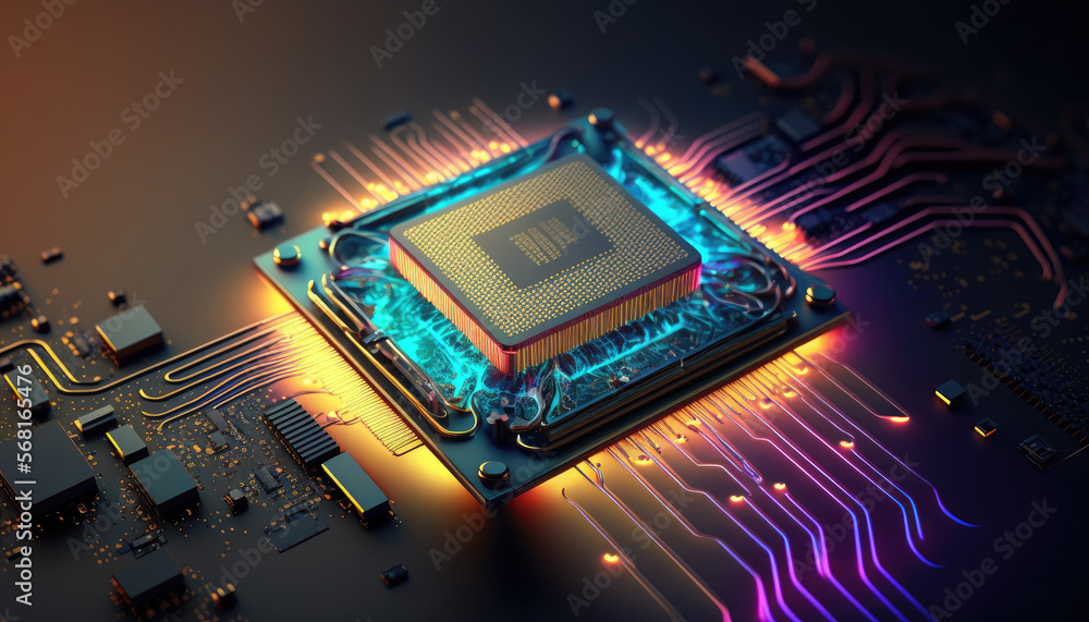 Fototapete central computer processors cpu on motherboard, technology background, chip on board, digital comput