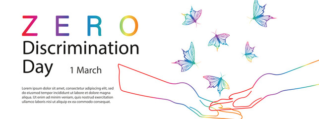 Zero Discrimination day background with rainbow butterflies and hands. Colorful typography and symbol of date. Horizontal poster, banner template. Vector illustration