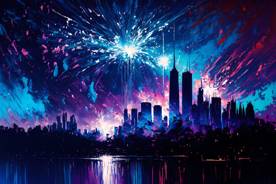illustration of landscape at night. cityscape and fireworks painting with artistic conception. Oil painting on the canvas © Mostafa mohamed