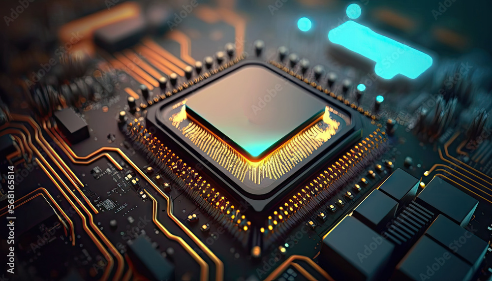 Poster central computer processors cpu on motherboard, technology background, chip on board, digital comput