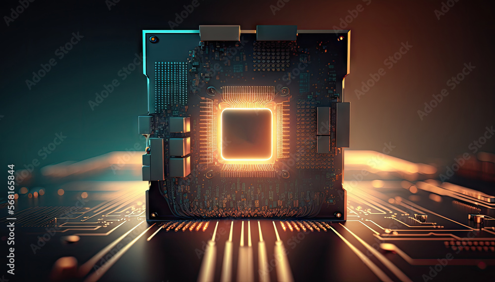 Poster central computer processors cpu on motherboard, technology background, chip on board, digital comput