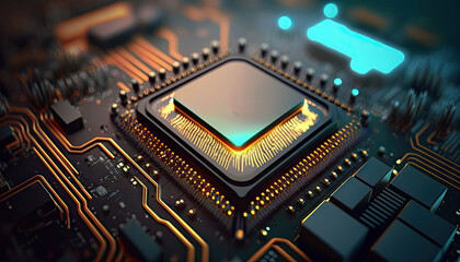 Central computer processors CPU on motherboard, technology background, chip on board, digital computer science with Generative Ai.
