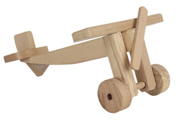Vintage wooden plane toy isolated on white background. Childhood memories concept