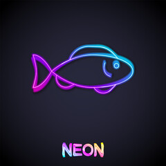 Glowing neon line Fish icon isolated on black background. Vector