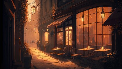  a painting of a city street with tables and chairs on the side of the street and a building with a lit up streetlight on the side.  generative ai