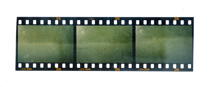 Fototapeta short dia filmstrip with three empty or blank picture frames isolated on white background, nice retro photo placeholder.
