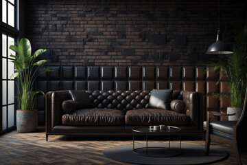 Modern dark home interior background, loft interior, 3d render  , Leather sofa  , Generative AI