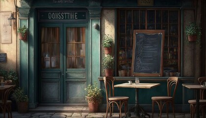  a painting of a restaurant with tables and chairs outside of it and a chalkboard on the wall behind the tables and a chalkboard on the door.  generative ai