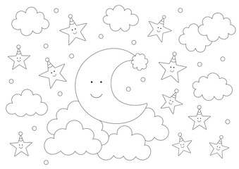 cute moon and stars coloring page. you can print it on a4 paper