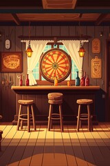 cartoon illustration, old tavern with wooden bar counter, ai generative