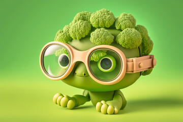 Cute green Broccoli Bunch 3d cartoon, Generative AI