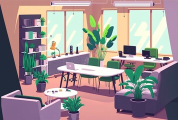 cartoon illustration, modern office with tables and desk, ai generative