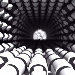Bullets in the Tunel. Black and white Illustration of object Circle shaped. 3D model wallpaper made in Generative AI