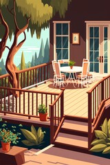 cartoon illustration, house and wooden terrace with views of green trees,generative ai