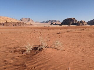 
Wadi Rum Desert, Jordan. The red desert and Jabal Al Qattar mountain.Where some famous movies...