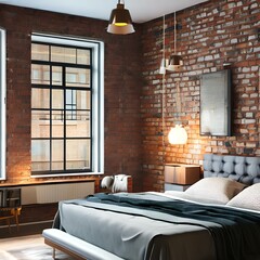 Industrial style bedroom with exposed brick3, Generative AI